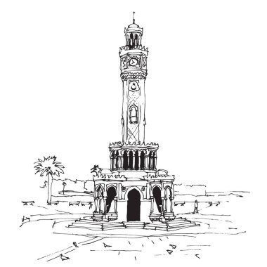 Vector hand drawn sketch illustration of the clock tower at Konak Square in Izmir, Turkey clipart