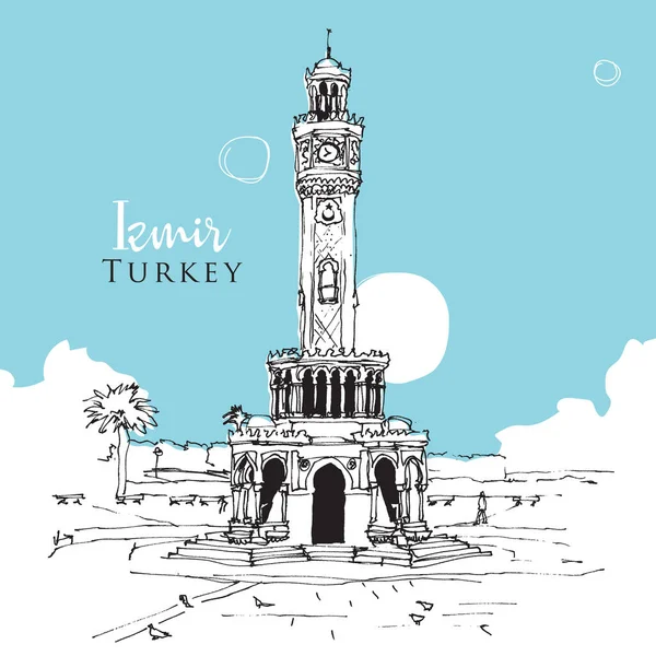 Desenho Mão Vetor Ilustração Torre Relógio Praça Konak Izmir Turquia —  Vetores de Stock