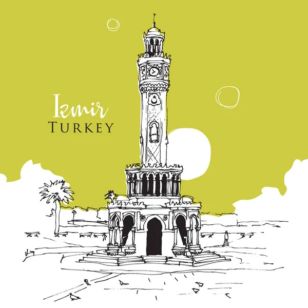 Desenho Mão Vetor Ilustração Torre Relógio Praça Konak Izmir Turquia —  Vetores de Stock