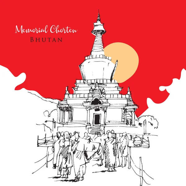 Illustration Vectorielle Dessinée Main Chorten Mémorial National Thimpu Bhoutan — Image vectorielle