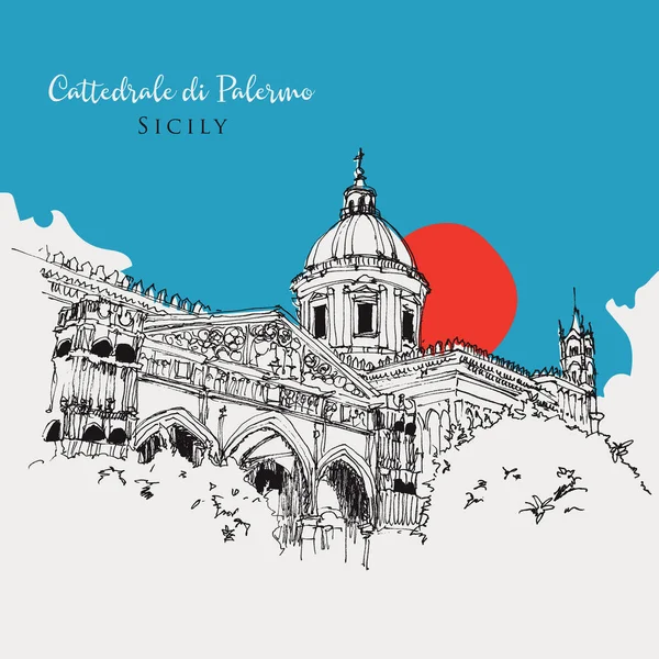 Vektorový Ručně Kreslený Náčrt Palermské Katedrály Nebo Cattedrale Palermo Sicílie — Stockový vektor