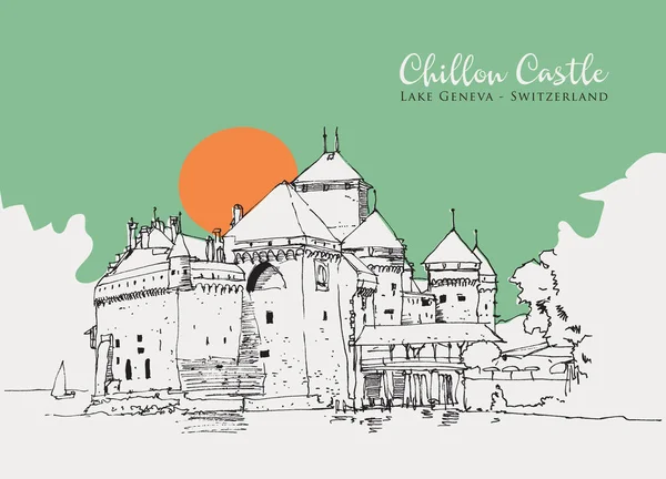 Wektor Ręcznie Rysowany Szkic Ilustracja Chillon Castle Wyspa Zamek Położony — Wektor stockowy