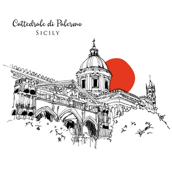 Vector Hand Getekend Schets Illustratie Van Palermo Kathedraal Cattedrale Palermo — Stockvector