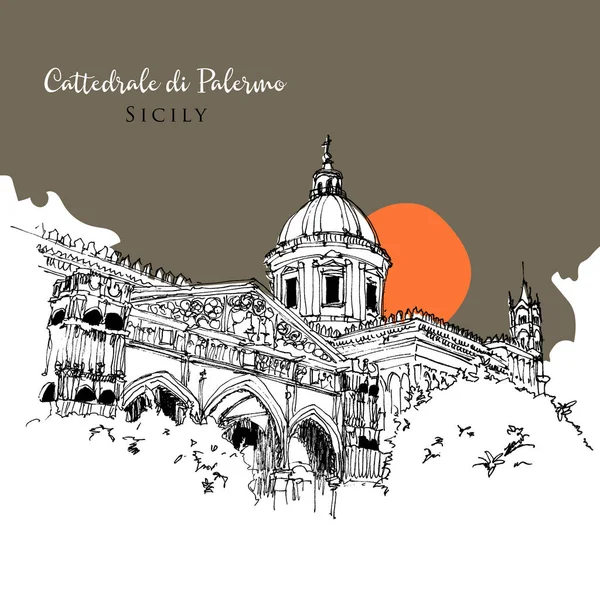 Vector Dibujado Mano Ilustración Catedral Palermo Cattedrale Palermo Sicilia — Archivo Imágenes Vectoriales