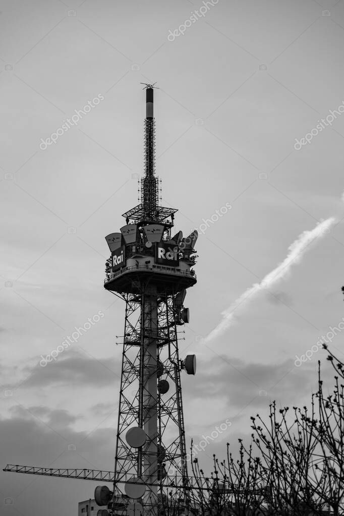 Milan, Italy - 29 March 2022: RAI, Radio Televisione Italiana tower in Milan. RAI is the Italian state owned public service broadcaster controlled by the Ministry of Economic Development.