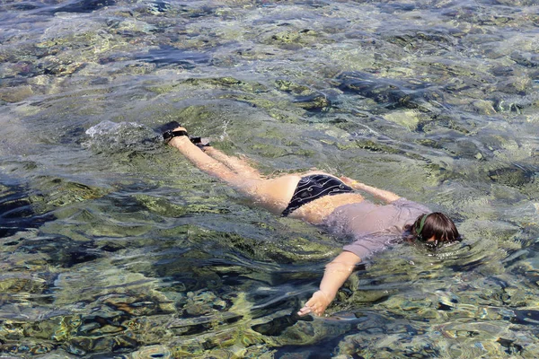 Femme Photographe Plongeant Dans Eau Mer Rouge — Photo