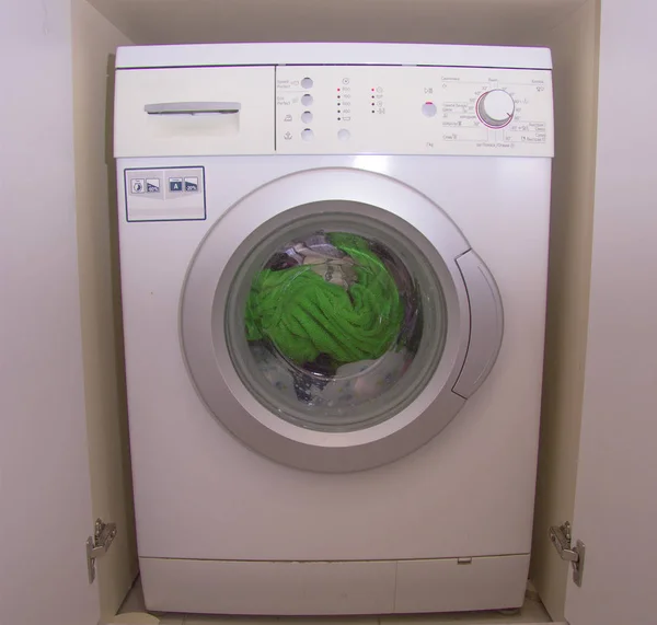 Front View Washing Machine Drum Cleaning Clothes Built Wardrobe — Stock Photo, Image