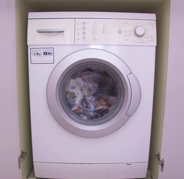 Front View Washing Machine Drum Cleaning Clothes Built Wardrobe — Stock Photo, Image