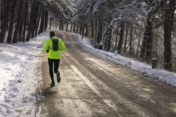 Man Groene Jas Trein Uitvoeren Het Forest Van Winter Zondagmorgen — Stockfoto