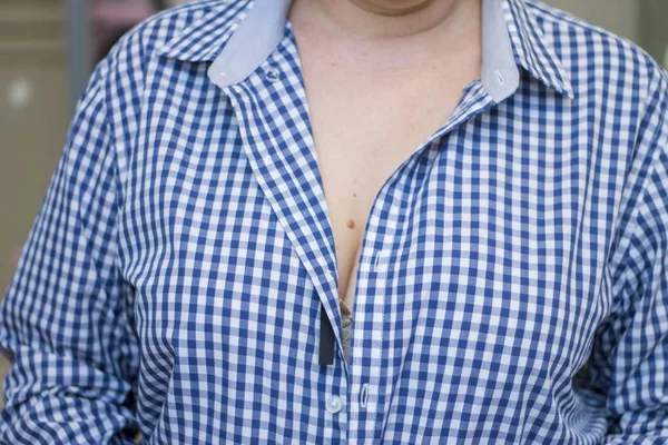 Woman Bra Half Roped Checkered Blue White Shirt — Stock Photo, Image