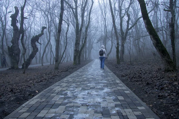 Lonely Adult Woman Bagpack Walking Autumn Park Mysty Morning — Stock Photo, Image