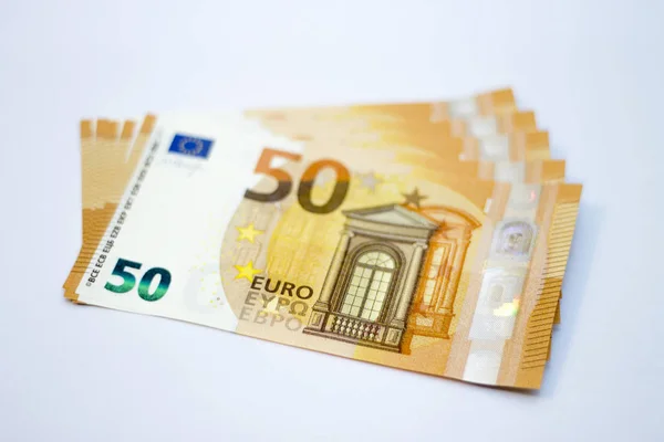 Some Fifty Euro Banknotes Laying Isolated White Background — Stock Photo, Image