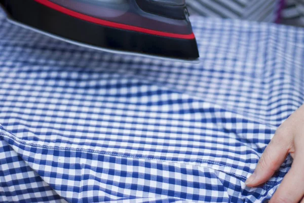 Housewife Ironing Casual Checkered Clothes Ironing Board Closeup — Stock Photo, Image