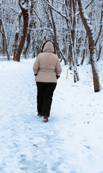 Woman Walk Away Alone Winter Park Outdoor — Stock Photo, Image