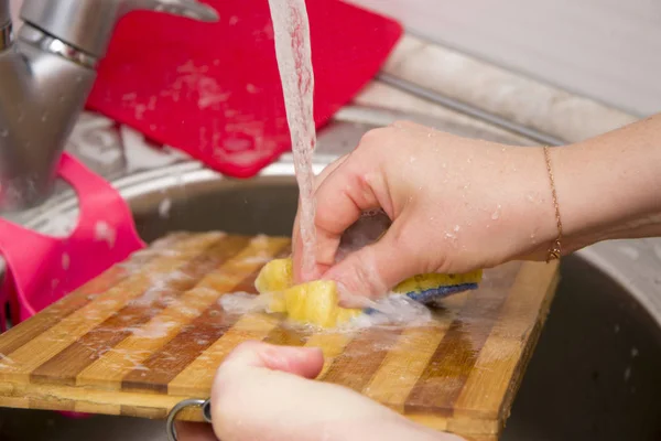 Woman Washing Cooking Desk Detergent Hands Sink Kitchen Clean Running — Stock Photo, Image