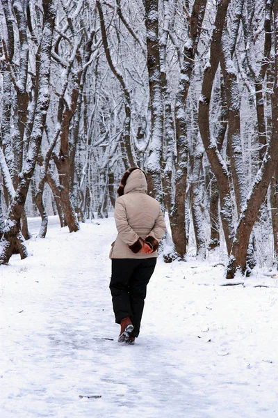 Frau allein im Winterpark unterwegs — Stockfoto