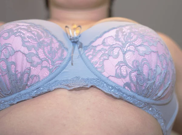 Adult woman posing in new pink and blue bra closeup isolated on — Stock Photo, Image