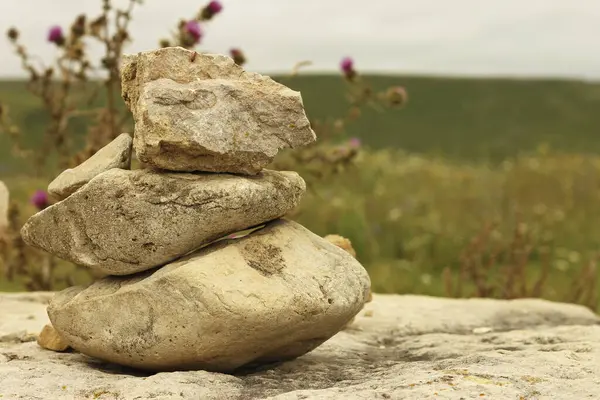 Evenwichtige stenen op de alpenweide in de buurt van het Kaukasus gebergte — Stockfoto