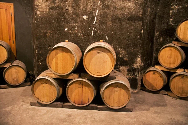 Vecchie botti di legno nella cantina del monastero — Foto Stock