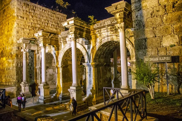 Adrian gates of old town at night Kaleichi Antalya Turkey — Stock Photo, Image