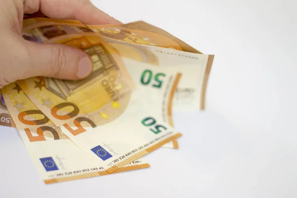 50 eurosedler spredt ut isolert på hvitt – stockfoto