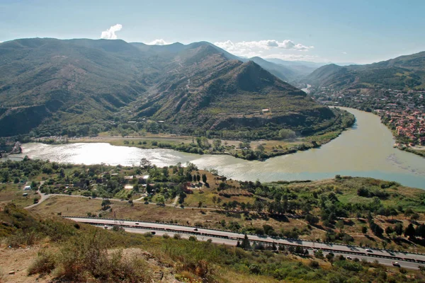 Floderna Aragvi Och Kura Flyter Samman Nära Staden Mtskheta Georgien — Stockfoto