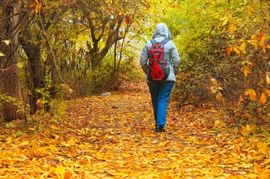 Gündüz vakti güz parkında yürüyen kırmızı çantalı genç bir kadın.