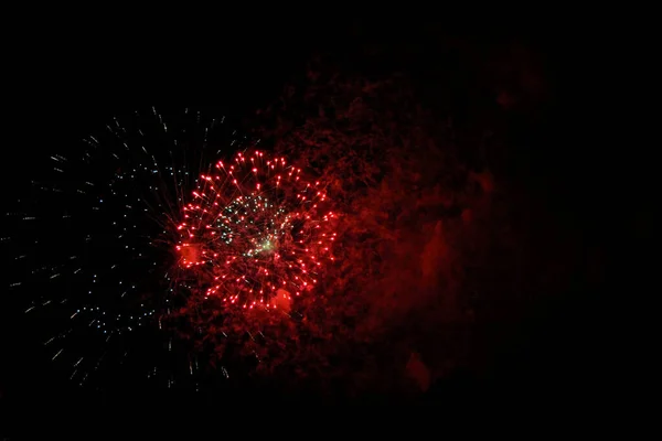 Празднование Цветной Фейерверк Мигает Фоне Черного Ночного Неба Красных Цветах — стоковое фото