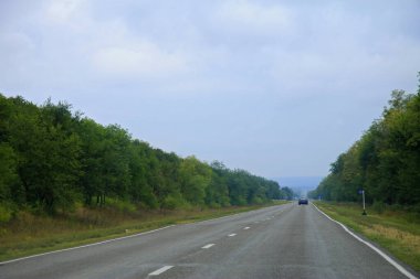 Otoyol manzarası, hareket halindeki arabalar ve yol boyunca ağaçlar.
