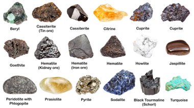 set of various minerals with names isolated on white: cassiterite, peridotite, jaspillite, prasiolite, turquoise, cuprite, beryl, howlite, citrine, goethite, schorl, pyrite, hematite, sodalite