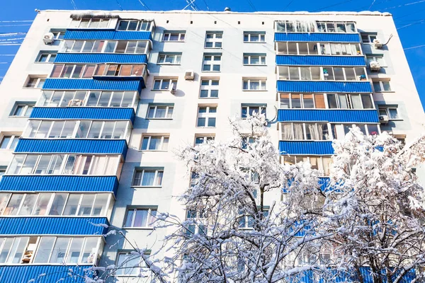 Snow Covered Tree Residential Building Moscow City Sunny Winter Day — Stock Photo, Image