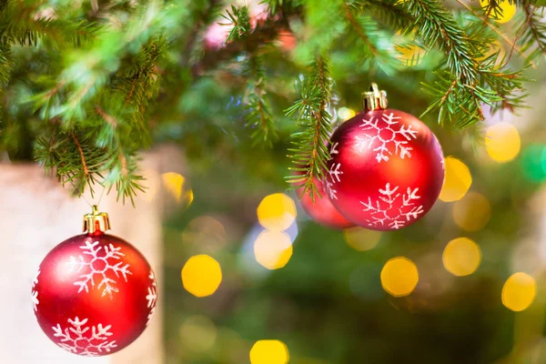 圣诞背景 三红球与雪花在圣诞树树枝室内 — 图库照片