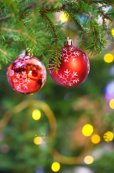 Xmas Background Two Red Balls Fresh Fir Christmas Tree Branch — Stock Photo, Image