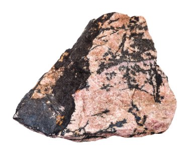 Doğal mineral - Ural Dağları üzerinden beyaz backgroung izole kaba Rhodonite gemstone makro çekim