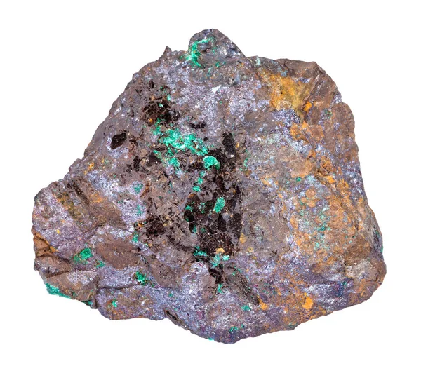 Makromakrografi Naturlige Mineraler Rød Kuprittmalm Grønne Malakittkrystaller Limonittstein Isolert Hvit – stockfoto