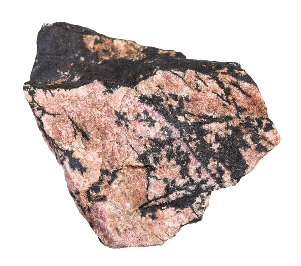 Makroaufnahme Von Natürlichem Mineral Rauer Rhodonitstein Isoliert Auf Weißem Hintergrund — Stockfoto