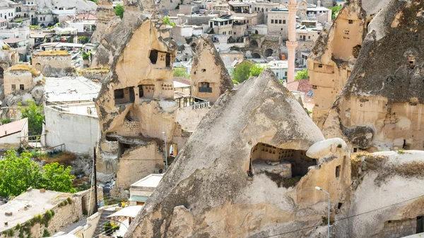 Travel Turkey Ancient Rock Cut Houses Goreme Town Cappadocia Spring — Stock Photo, Image