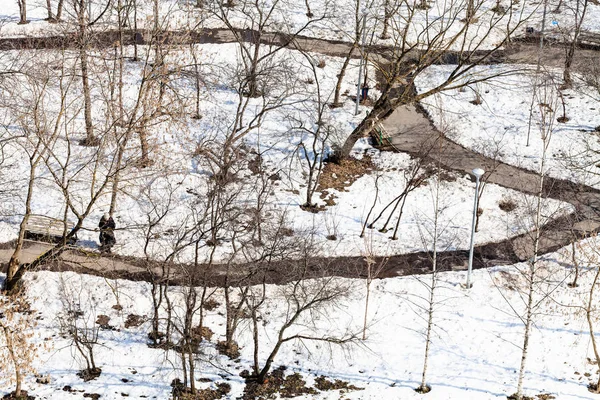 Powyżej Widok Ścieżki Między Ostatni Topniejącego Śniegu Miejskim Ogrodzie Moskwie — Zdjęcie stockowe