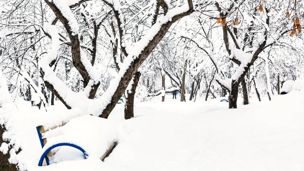 Ławka Pokrytych Śniegiem Publiczny Miejski Ogród Moscow City Zimowym Śniegu — Zdjęcie stockowe