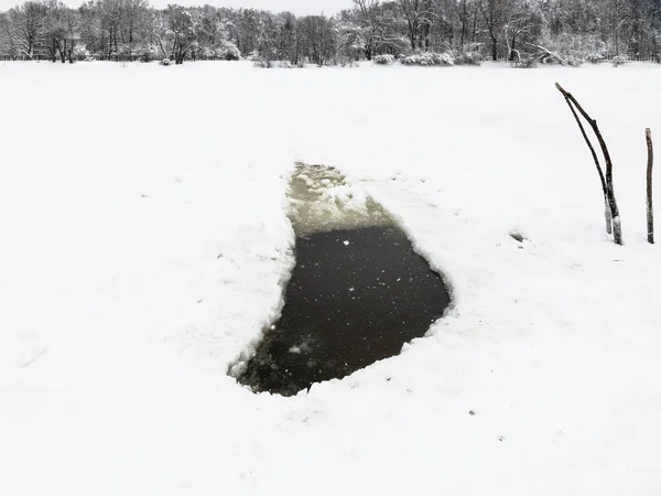 Otvor Ledu Zamrzlém Jezeře Městského Parku Timiryazevskiy Moskvě Zimě Sněžení — Stock fotografie