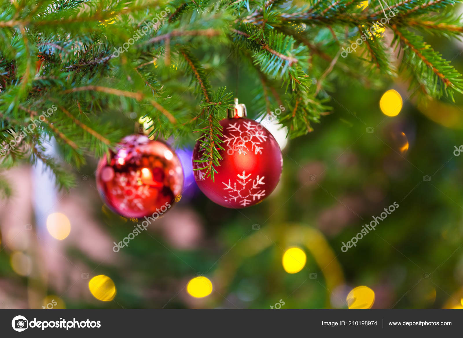 Xmas background two red balls with snowflake pattern on christmas tree twig indoor — ZdjÄ™cie od vvoennyy