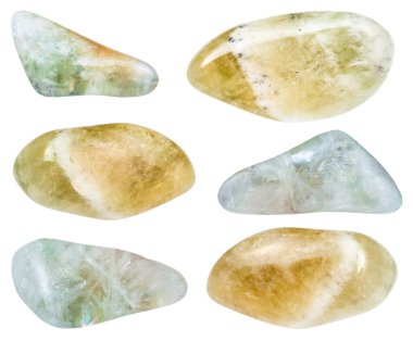 collection of various tumbled Prasiolite (green quartz , Vermarine) gemstones isolated on white background from Brazil clipart
