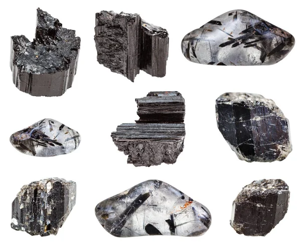 Colección Varias Piedras Preciosas Turmalinas Negras Schorl Aisladas Sobre Fondo — Foto de Stock