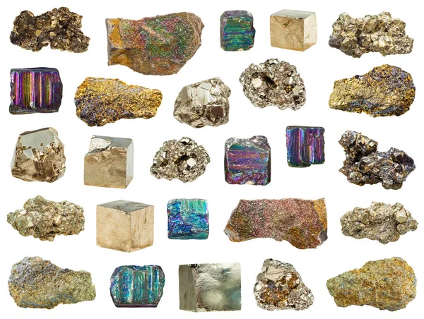 Коллекция Различных Железных Пиритных Камней Белом Фоне — стоковое фото