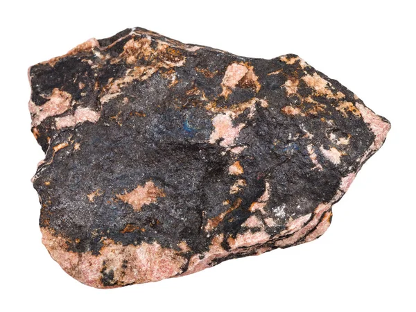 Macrodisparo Mineral Natural Piedra Rodonita Cruda Aislada Sobre Fondo Blanco — Foto de Stock