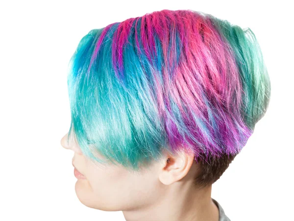 Выше Вид Женской Головы Разноцветными Окрашенными Волосами Белом Фоне — стоковое фото