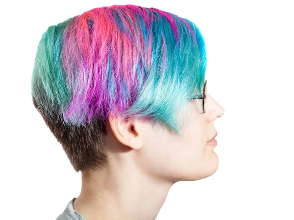 Tête Jeune Femme Avec Des Lunettes Des Cheveux Multicolores Teints — Photo