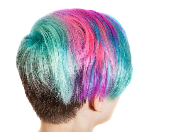 Nuque Féminine Aux Cheveux Multicolores Teints Sur Fond Blanc — Photo