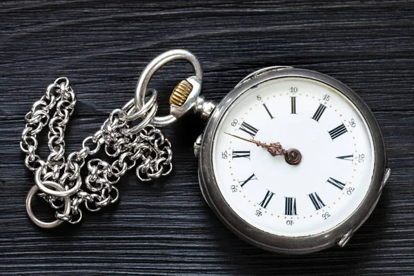 Two Minutes Twelve Clock Old Pocket Watch Chain Black Wooden — Stock Photo, Image