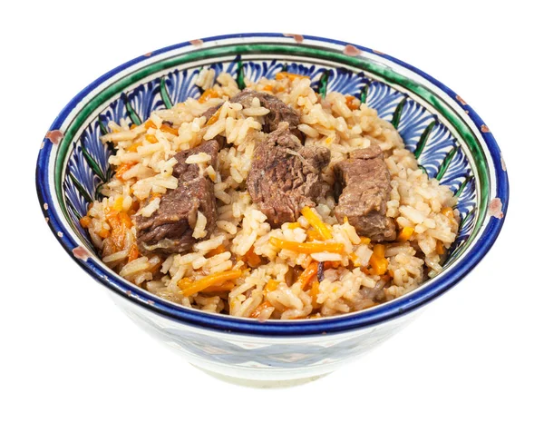 Vista Arriba Pilaf Preparado Plato Asia Central Arroz Con Carne — Foto de Stock